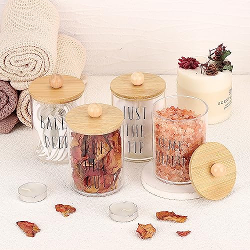 Image of Tbestmax 4 Pack Qtip Holder with Bamboo Lids, 10 oz Bathroom Organizer Accessories Storage Containers Clear Plastic Apothecary Jars for Cotton Ball, Cotton Swab, Floss