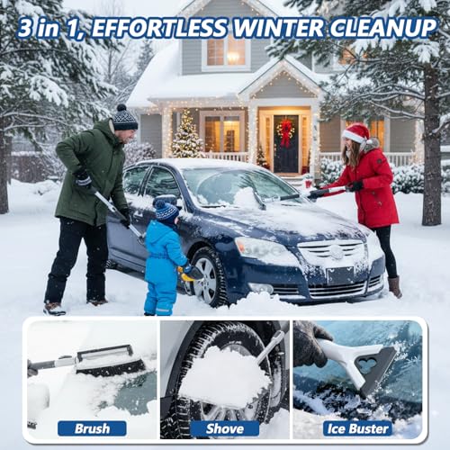 47.3\" Car Snow Brush and Ice Scraper, 3-in-1 Extendable Snow Shovel with Wide Head Snow Shovel and Ice Scraper 180° Pivoting Snow Brush Head for Car Windshield, Durable Snow Remover with Foam Grip