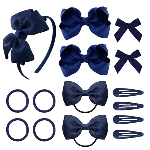 Ksheria 15pcs Navy Blue Hair Bows for Girls - Uniform Hair Accessories Set with Hair Clips, Headband, Hair Ties for School, Little Girls (Navy Blue)