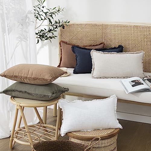 Image of Foindtower Set of 2 Decorative Linen Fringe Throw Pillow Covers Cozy Boho Farmhouse Cushion Cover with Tassels Soft Accent Pillowcase for Couch Sofa Bed Living Room Home Decor, 24x24 Inch, Beige
