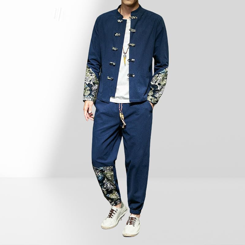 Patchwork Hanfu et col Zhongshan sur un ensemble homme printemps - 5