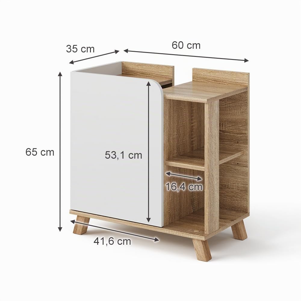 Vicco Mobile sottolavabo per bagno Karen, Sonoma/Bianco, 60 x 65 cm con anta e vani a giorno, con ritaglio per sifone per il montaggio sotto il lavabo