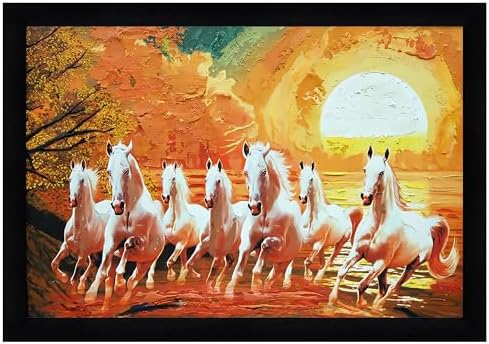 Indianara Vastu Runing Seven Horses Painting With Frame 13 Inches X 10 Inches (Style 10)