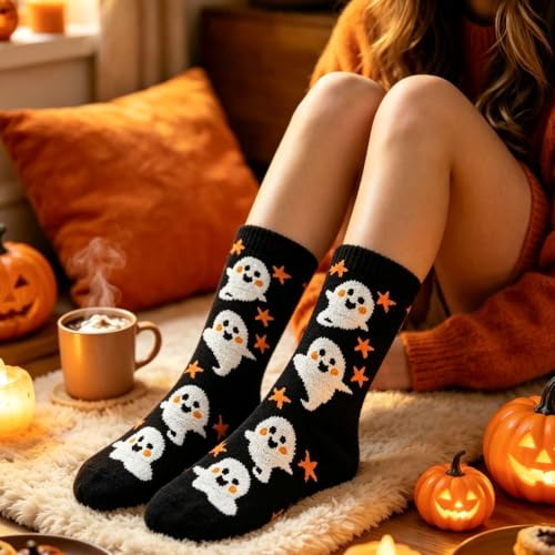 Funny Halloween Socks Womens Fleece Cute Pumpkin Ghost Bat Pattern Socks - image 2
