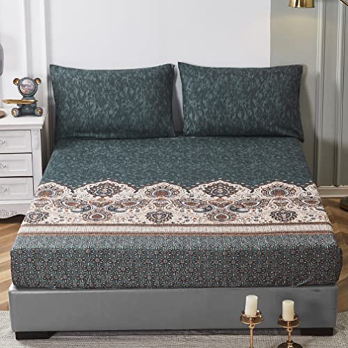 Tache Royal Rustic Paisley Mandala Lattice Floral Elegant Deep Navy Teal Fitted Bed Sheet Only, Queen