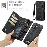 UFinetech Etui na telefon iPhone 16 Plus, etui z klapką ze skóry TPU, odporne na uderzenia, kieszeń na karty, magnetyczne etui z klapką, odporne na zarysowania, zdejmowany zamek błyskawiczny, czarne