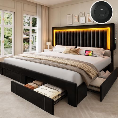 YITAHOME King Size Bed Frame with Velvet Vertical Tufted Upholstered Adjustable Headboard, 4 Storage...