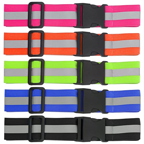 5 Pcs Reflective Belt or Sash PT Belts Lights for Running At Night Safety Visibility Adjustable Lightweight Vest Waist Glow Straps for Cycling Walking Fit Women Men Kid (Black Blue Pink Green Orange)