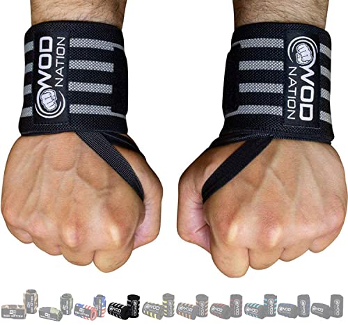 WOD Nation Wrist Wraps - 12-Inch, Black & Grey - Gym Wrist Straps & Lifting Straps for Strength Training & Weightlifting Support, Thumb Loop & Hook & Loop Closure