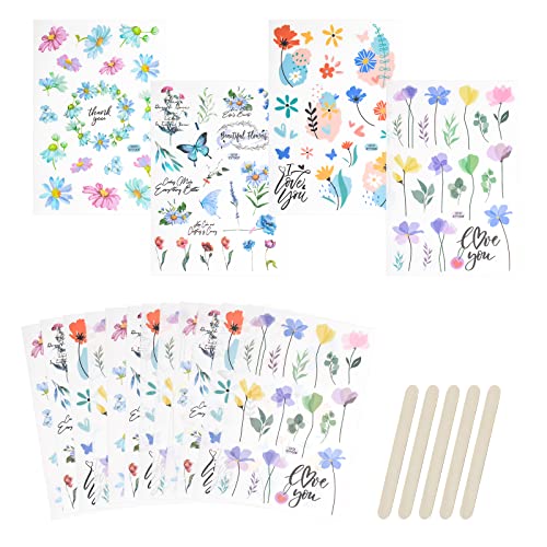 WANDIC 16 Sheets Rub On Transfer Stickers, Flower Pattern Sticker Flower Aesthetic Decor Scrapbook Sticker for Scrapbook Journal Planner Album (Flower)