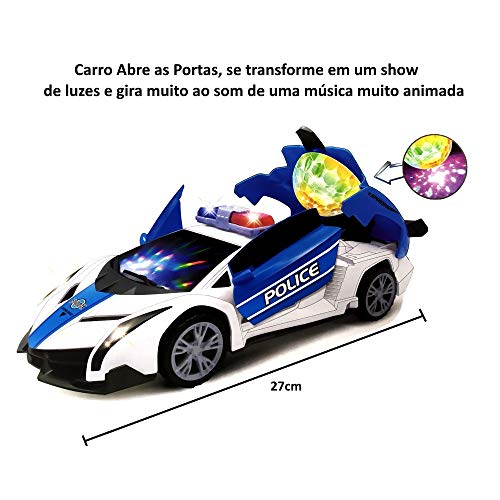 Carrinho de Policia Carro Emite Som Luz Transforma Gira 360 graus