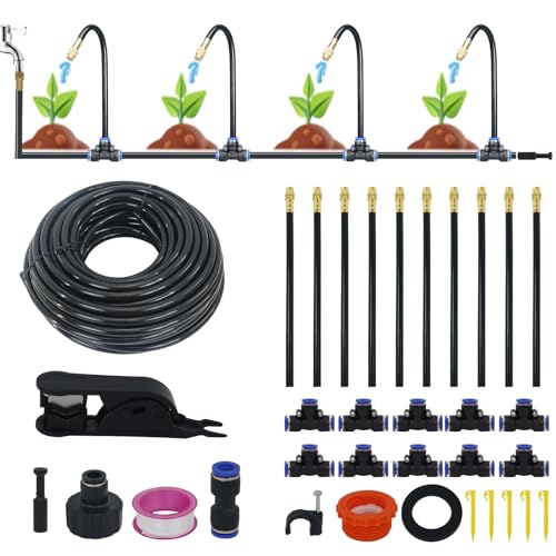 Kit di irrigazione a goccia per giardino, serra e aiuole rialzate, tubo di distribuzione da 5 m, micro gocciolatori e irrigatori da 1/4", sistema di irrigazione automatico con 5 ugelli e picchetti di