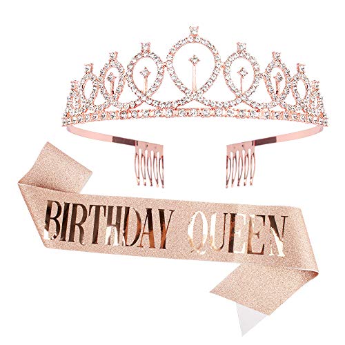 CIEHER Birthday Crowns for Women, Birthday Queen Sash & Rhinestone Tiara Kit, Birthday Crown,Tiaras and Crowns, Rose Gold Birthd