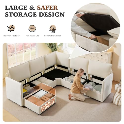 Image of Ihanherry Oversized Modular Sectional Sofa with Storag, 6-Seater V Shaped Cloud Couch with Movable Ottomans, Chenille Deep Seat Corner Couches for Living Room (Beige)