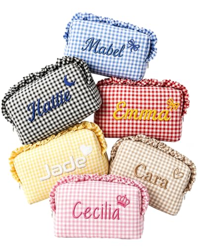 KEQHAULI Custom Embroidered Ruffled Plaid Makeup Bag, Personalized Name Cosmetic...