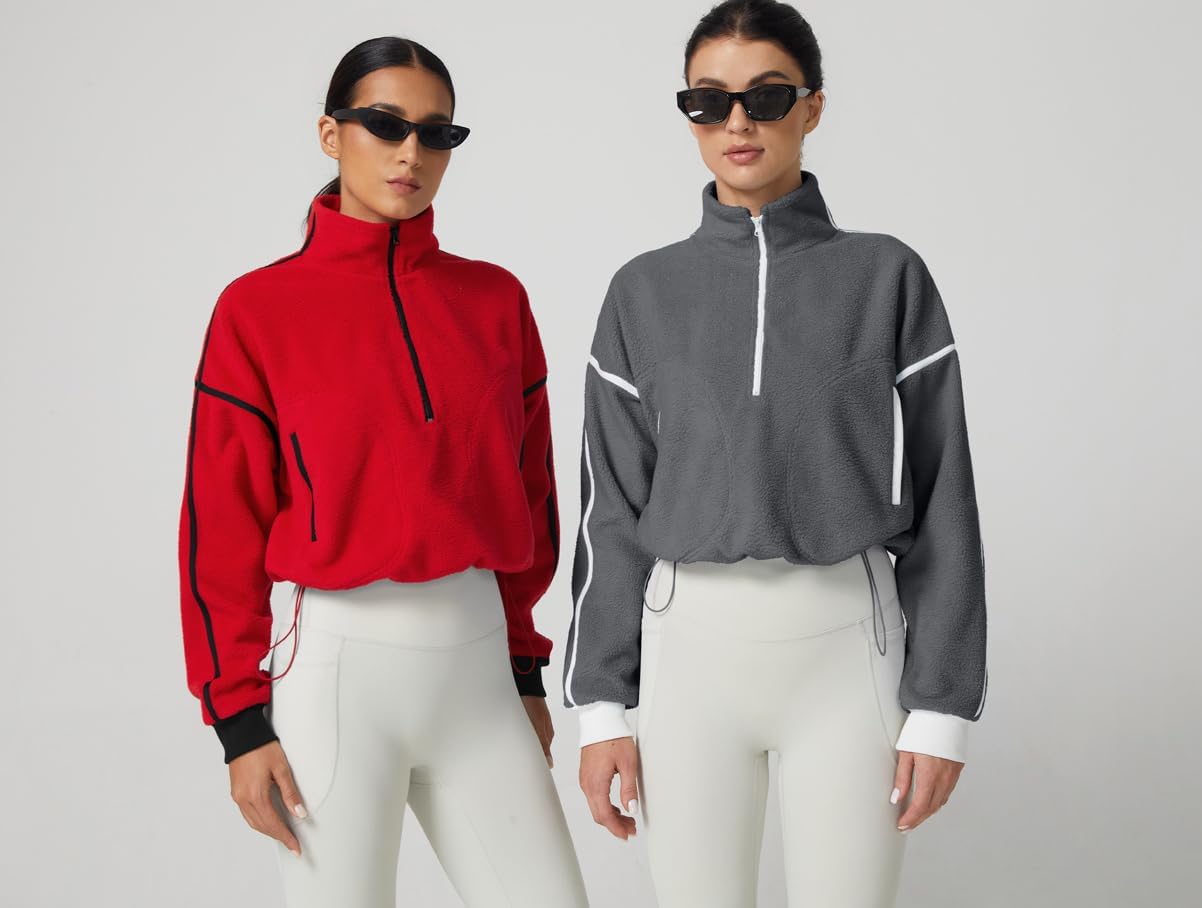 QINSEN Women's Half Zip Fleece Short Pullover Sweatshirt Winter Long Sleeve Cozy Sherpa Sweater Top - Image 6