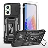 Asuwish Phone Case for Oppo Reno 7 Lite 5G / Reno8 Lite/Reno 7Z with Tempered Glass Screen Protector and Slide Camera Cover Magnetica Ring Holder Kickstand Reno7 7Lite 8Lite 7 Z Women Men Black
