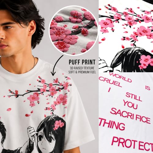 Image of Anime Printed Oversized Cotton Casual Round Neck T-Shirt for Men and Boys | Sharp, Eren yeagear & Mikasa akerman Japanese Streetwear Aesthetics