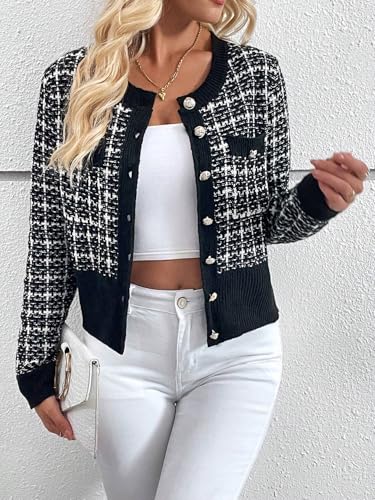 SKAYS Womens Tweed Plaid Cardigan Blazer Dressy Casual Button Front Cardigan Crew Neck Long Sleeve Texture Knit Jackets2