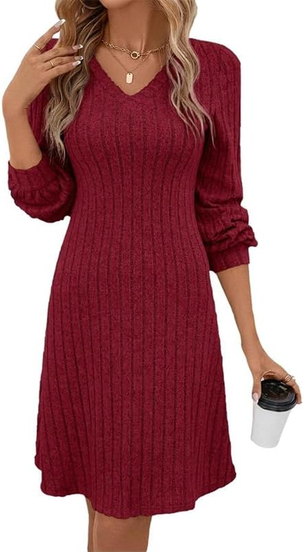 SKAYS Women's 2025 Long Sleeve Ribbed Knit V Neck Sweater Fall Dress Casual A Line Midi Dress