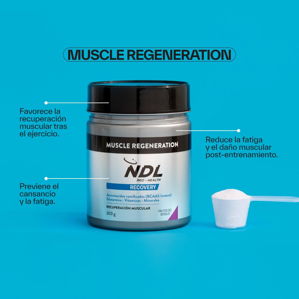 Glutamina + BCAA 2:1:1 en Polvo NDL Pro-Health | Aminoácidos Ramificados | Recuperación Muscular Post Entrenamiento | Vitaminas y Minerales | Frutas del Bosque | 300 g | Rafa Nadal & Cantabria Labs