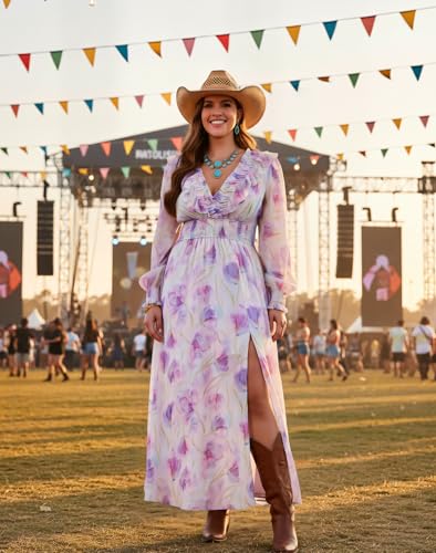 Image of EYWOL Wedding Guest Dresses for Women Long Sleeve Chiffon Floral with Slit | Maxi\Midi, Long, V Neck, A-Line, Chiffon, Elastic Waist, Flowy, Boho, Western, Fall, Flattering, Elegant, Curvy, Maternity,