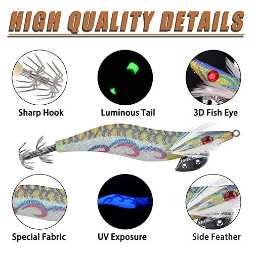 Luminous Squid Jig Shrimp Lure Fishing Squid Lures Artificial Baits Kit for Octopus Cuttlefish Hard Sinking Lures Fishing Squid Jigs for Saltwater Freshwater(2.5#-10cm-5pcs) - Image 2
