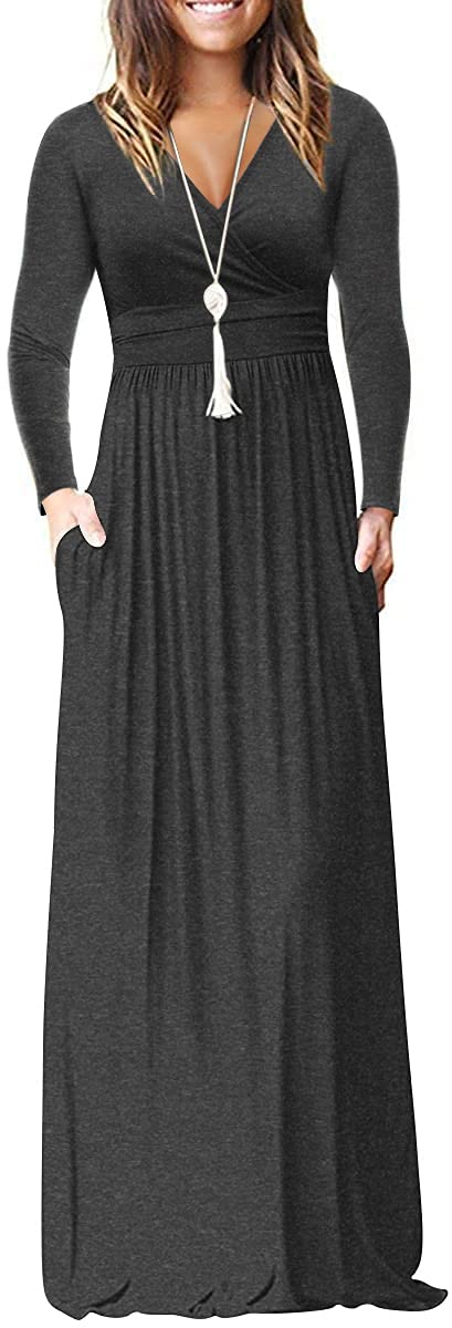 CATHY Women's Dresses Deep V-Neck Long Sleeve Empire Waist Long Dress Casual with Pockets