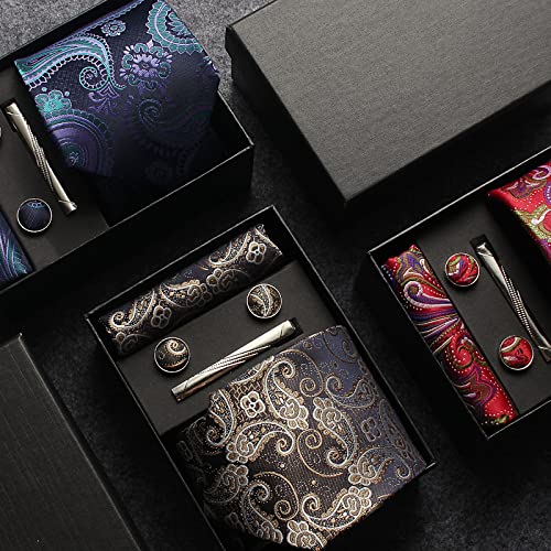 Image of Paisley Floral Mens Tie Formal Necktie Pocket Squares Ties Clips Cufflinks Classic for Men Set