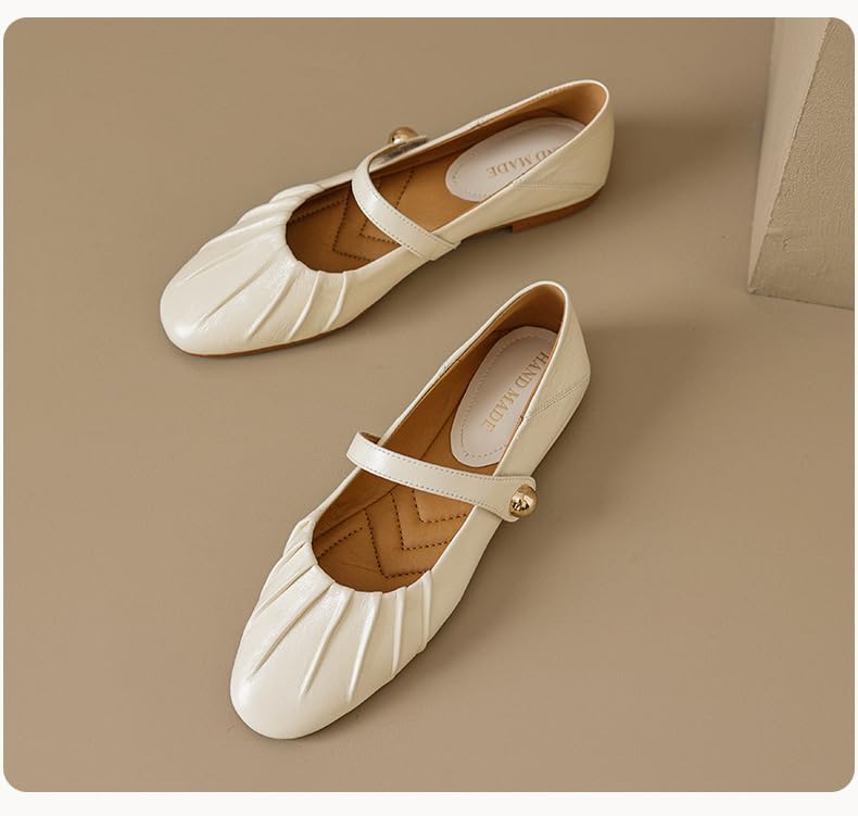Womens Genuine Leather Mary Jane Shoes, Closed Round Toe Low Heel Flats with Buckle Straps Work Casual Dressy Slip On Shoes White2