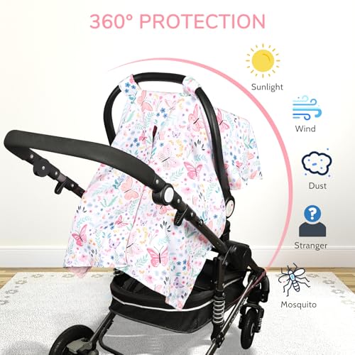 Image of Baby Car Seat Cover, Peekaboo Opening Car Seat Canopy for Baby Girls Boys, Mom Nursing Breastfeeding Covers, Blanket for Infant, Butterfly
