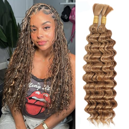 27/30 Highlight Human Braiding Hair Boho Hair for Braiding,20 Inch Deep Wave Braiding Hair 140g 2 Bundles Boho Braids Human Hair Extensions for Black Women