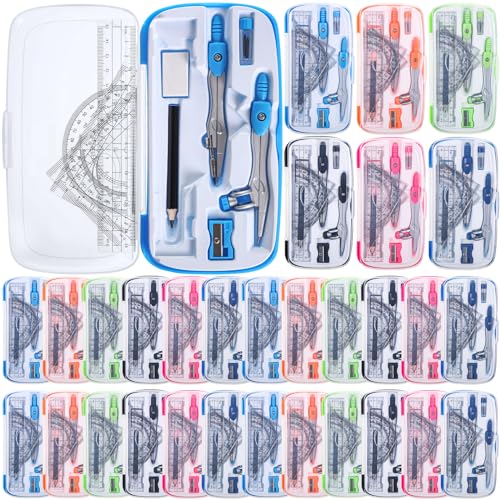 Zonon 24 Sets Math Geometry Kit Student 10 Pcs Shatterproof Storage Box Includes Compass, Rulers, Protractor, Eraser, Pencil Sharpener, Lead Refills, Pencil for Back to School Students Class Teacher