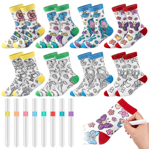 Jadive 8 Pares Calcetines con Dibujos para Niños Pinta Tus Propios Calcetines y 16 Marcadores para Colorear, Manualidades y Arte Regalos para Vuelta al Cole DIY para Niños de 6 a 10 Años