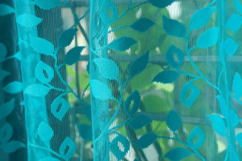 Image of Leaves Design Semi Transparent Window Curtain 7 feet Long Set of 3 pcs Drawing Room Parde | Pooja Room Curtain Panel | Sheer Curtain, Firozi Color
