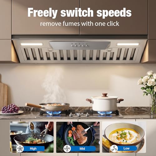 Image of Range Hood Insert 30 Inch, Built-in 900 CFM Kitchen Hood | Stainless Steel Vent Hood, Ducted /Ductless Convertible, 40 Elevated Screen & Square LED Lights