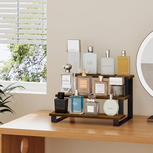 Image of YINMIT Wooden Display Riser Stand,15.75 Inch Tiered Perfume and Cologne Organizer Stand, 3 Tier Spice Rack Organizer, Rustic Display Shelf for Cupcake, Figures, Candles (3 Tier Brown,15.75 In)
