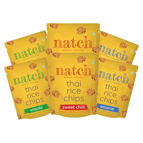 Image of Natch Thai Sticky Rice Chips, 100% Natural with No Artificial Preservatives or Trans Fats, Vegan & Gluten Free, Low Calorie Healthy Chips for Adults & Kids with Low Sodium, 25g each (Pack of 6), Sweet Chilli, Wasabi & Seseme Butter