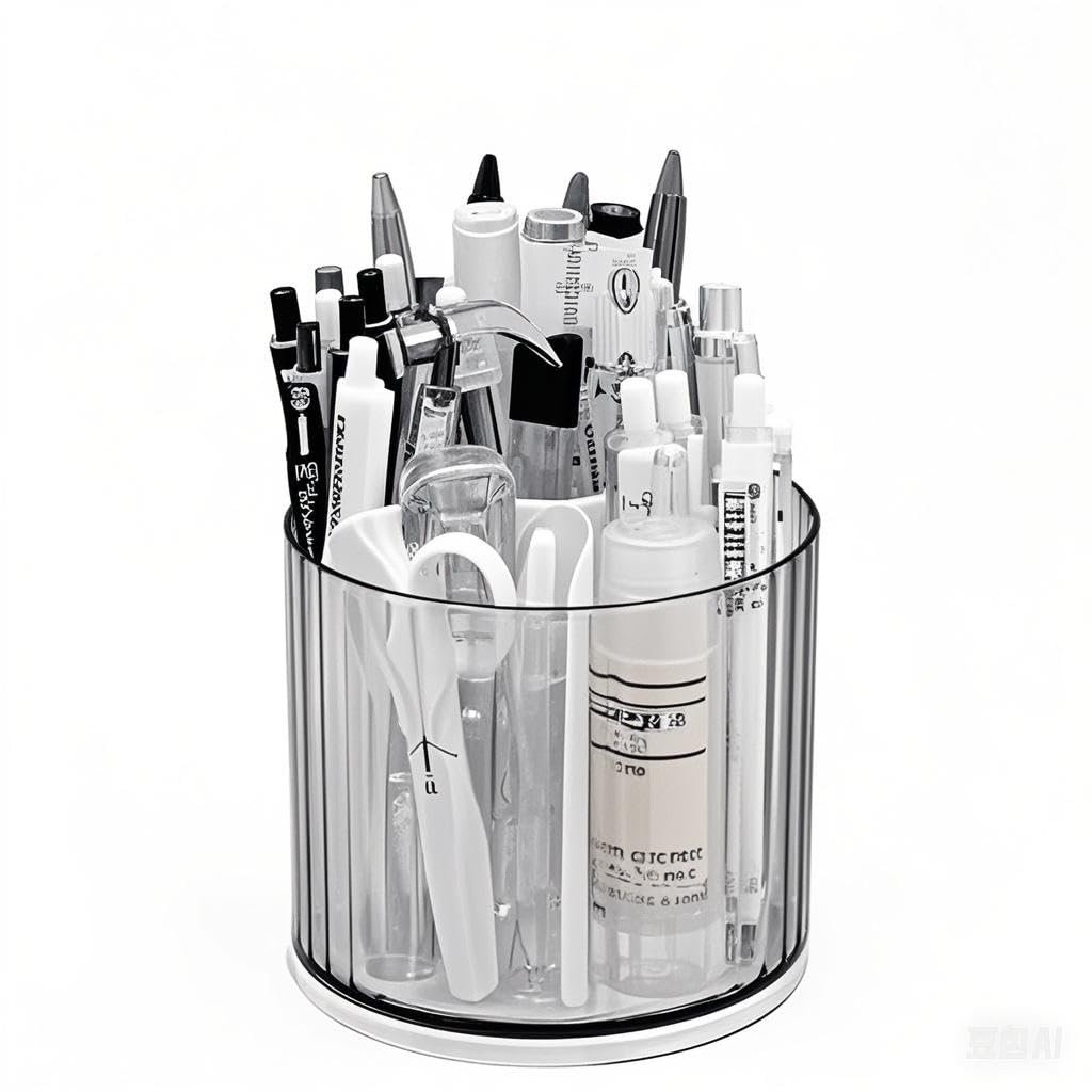 Elezeal 360 Degree Rotating Pen Pencil Holder Desk Organiser Stationery Storage 6 Slots Pencil Pots Makeup Brush Holder for Home Office Supplies Detachable Desktop Storage (Non-detachable white)