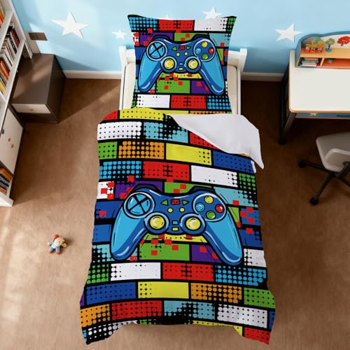 Snugoria Housse de Couette Game Controller 140x200 Parure de Lit Enfant Garçon Gamer, Parure Lit 1 Personne en Microfibre avec Taie d'oreiller 65x65cm Cadeau...