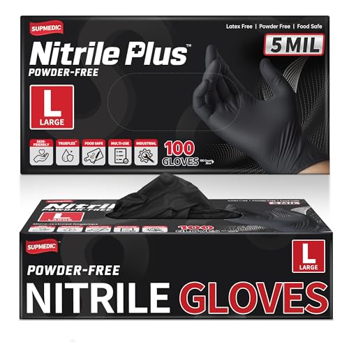 Supmedic Black Nitrile Exam Gloves, 5 Mil Chemical Resistant Powder-Free Food Safe Disposable Medical Glove 100Pcs (Large)