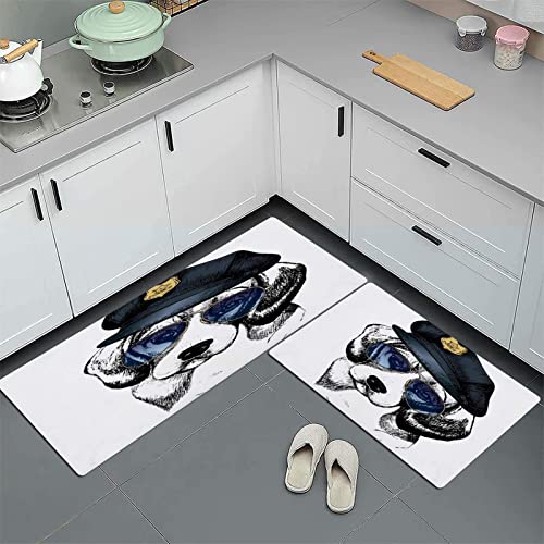 Lot de 2 tapis de cuisine modernes lavables,Aviator Close Police Dog Beagle Wildlife Pedigree Badge Black Race Canine, Tapis de bain antidérapant - Pour cuisine, salle à manger, 45x120 cm+45x70 cm