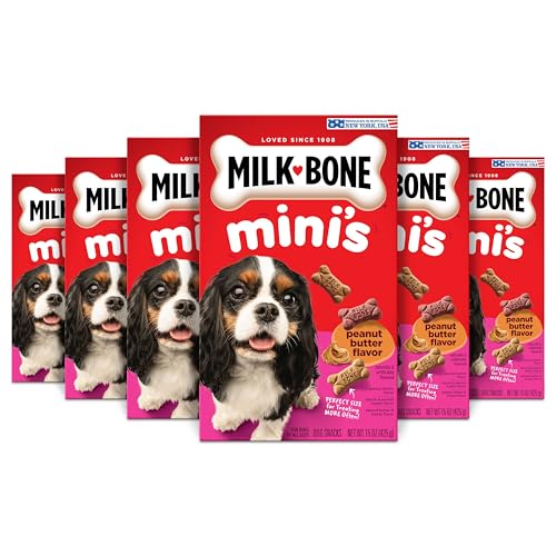 Image of Milk-Bone Flavor Snacks Mini's Peanut Butter Flavor Biscuits, 6 Boxes | 15-oz. boxes, Naturally and artificially flavored, 5 calories per treat, 15% protein