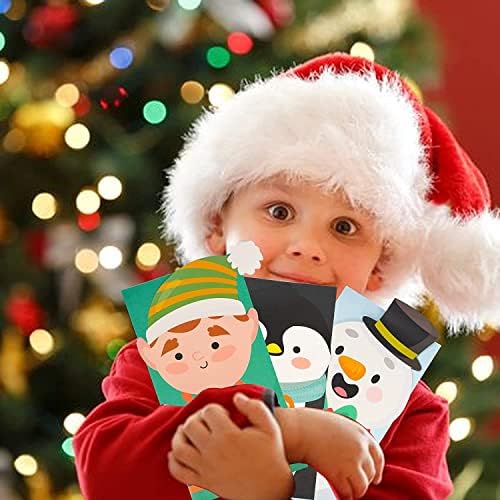 Christmas Paper Bags, 12PCS Xmas Gift Bags with 12PCS Big Cute Xmas Stickers, 6 Christmas Elements Themed Design Flat Bottom Party Bags, Christmas Sweets Candy Party Bag for Kids Xmas Favors Classroom