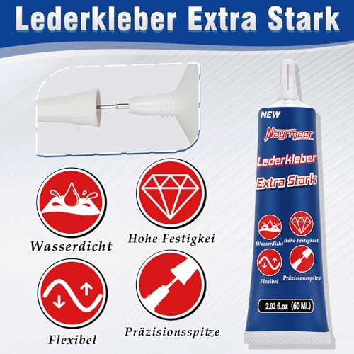 Nayrmaer Lederkleber Extra Stark 60ml, Professioneller Wasserfester Leder Kleber mit Anti-Verstopfungsspitze für Sofa, Pu Lede, Jacke, Geldbörse, Gürtel und Schuhe usw.