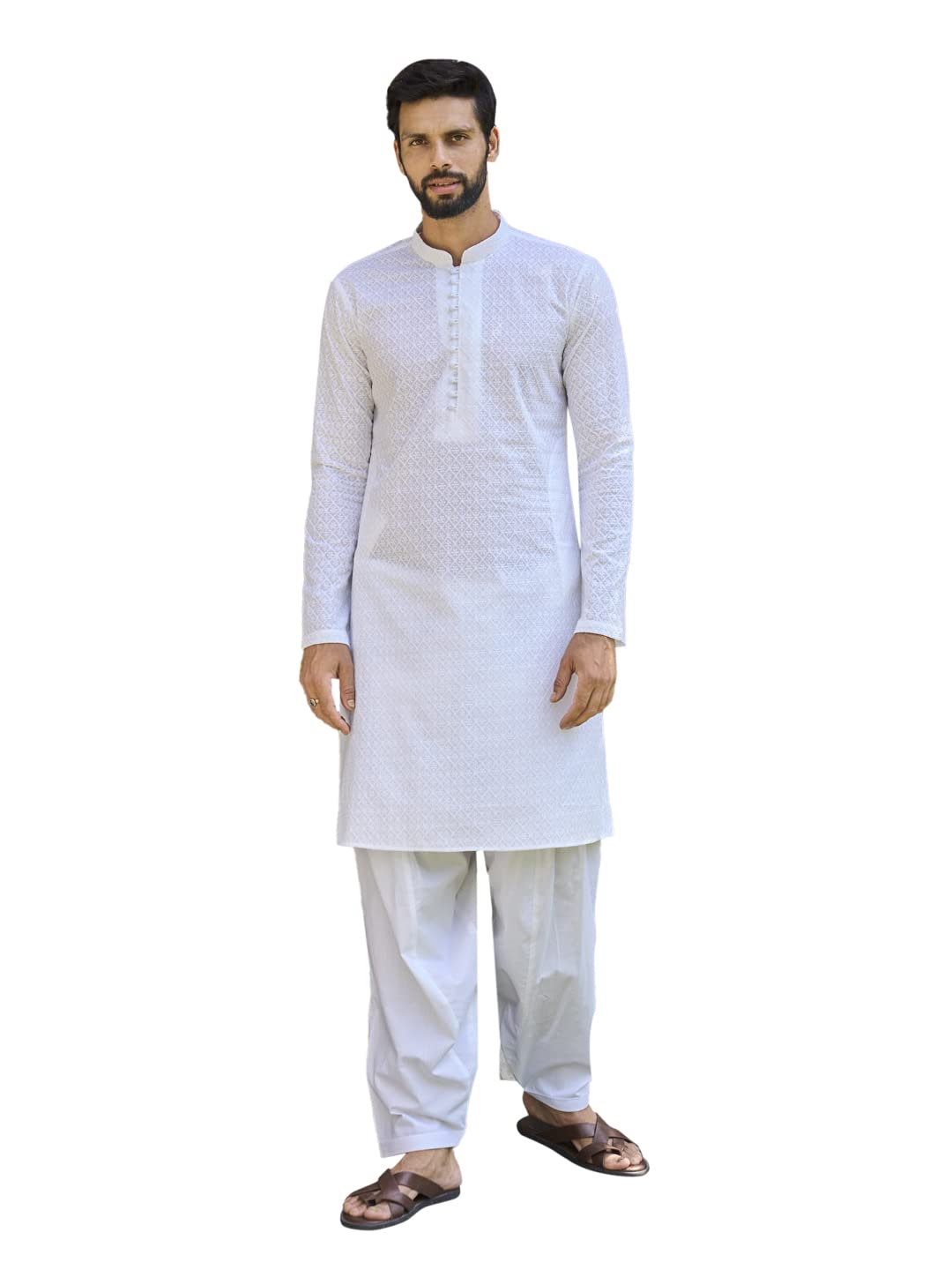 See Designs White Cotton Regular Fit Embroidered Kurta Set Mandarin Collar Long Sleeves_Sdmkt109303L