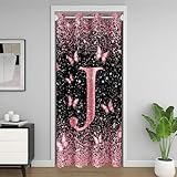 richhome Cortina de puerta de mariposa rosa para puerta de privacidad con letras J individuales, cubierta de armario con purpurina impresa, cortina divisora de habitación, 132 x 203 cm, bonito animal