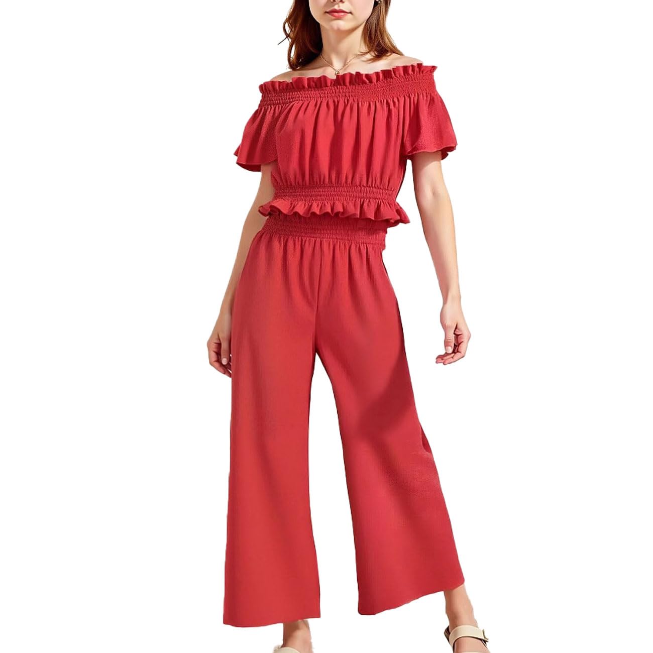 Completo Estivo Bambina, Top con Spalle Scoperte, Maniche con Volant e Vita Stretta + Pantaloni Elasticizzati a Vita Alta e Gamba Larga, Abbigliamento Bambina, Rosso 8-12 Anni