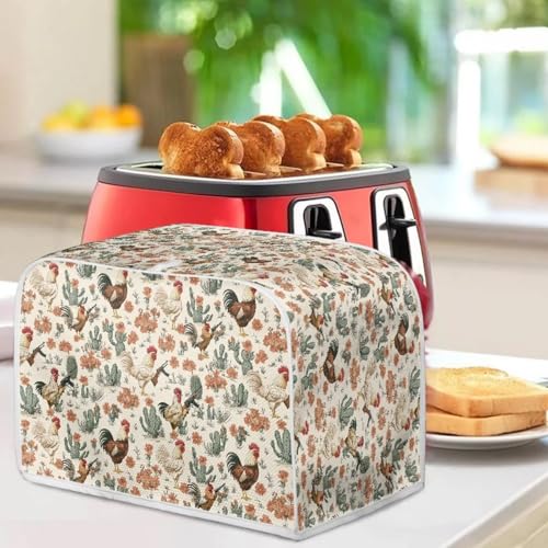 Image of Talayituse Rooster Chicken Cactus Flower Print Toaster Cover 2 Slice Wide Slot, Lightweight Bread Maker Cover Dust Protection Washable Appliance Bag, S