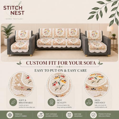 Image of STITCHNEST Florenza Orange 10 Piece Cotton Net Sofa Slip Cover |5 Seater